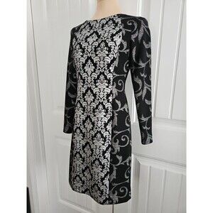 Antonio Melani Metallic Silver Black Filigree Sheath Dress SIZE 2 Long Sleeve